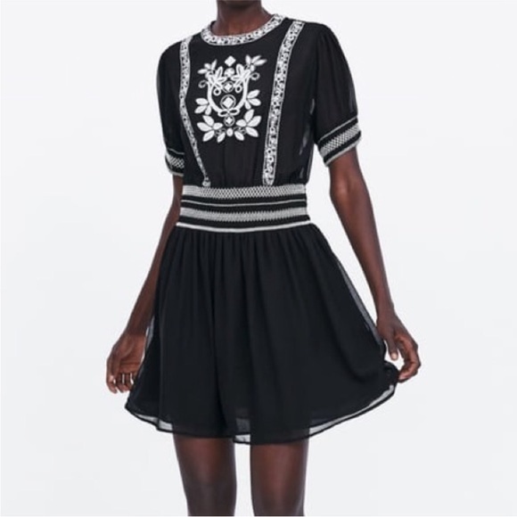 Zara Dresses & Skirts - ZARA Embroidered Sheer Black Mini Dress Women’s Babydoll Style Size Medium